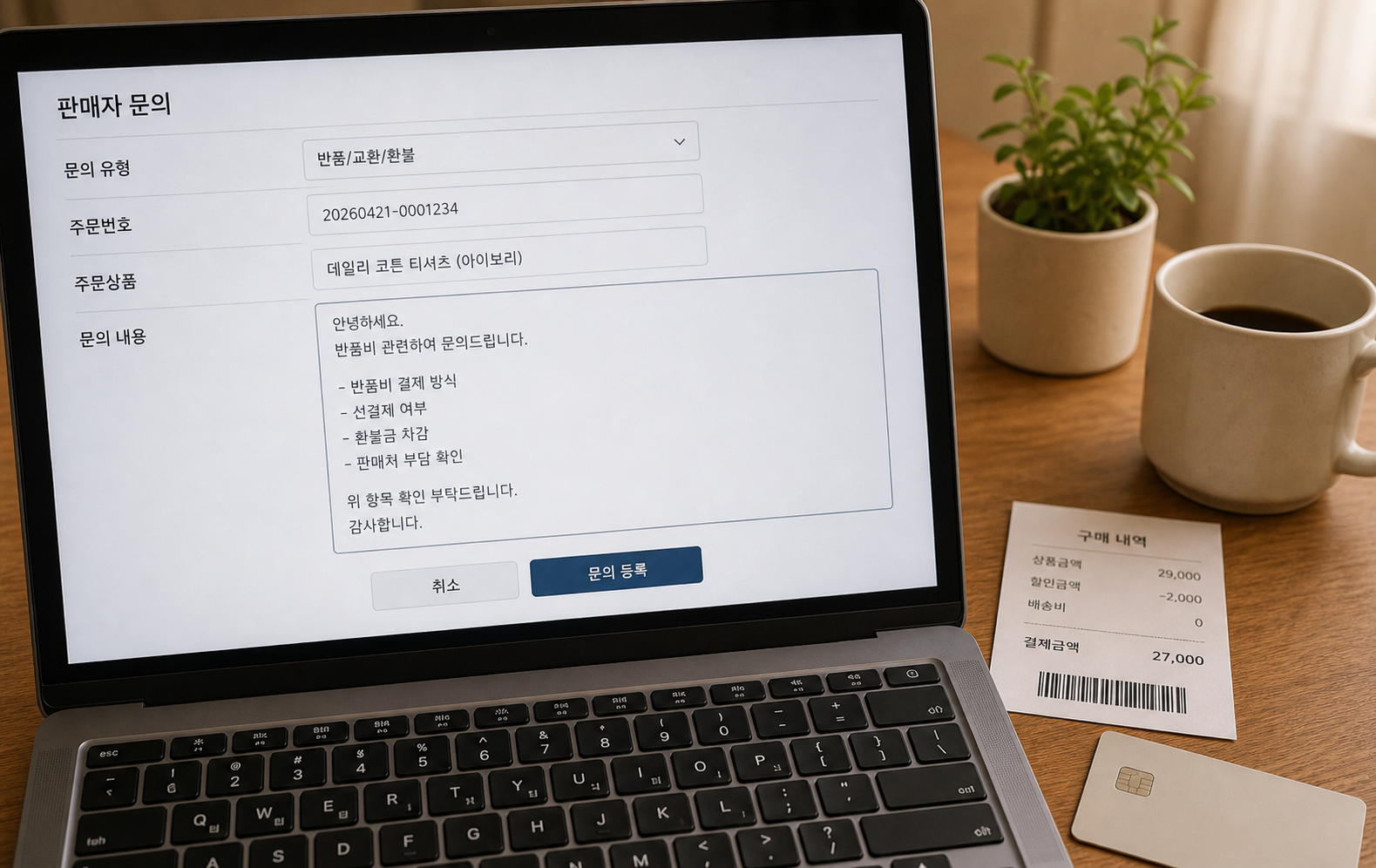 반품비 결제 방식과 환불금 차감 여부를 판매처에 문의하는 화면