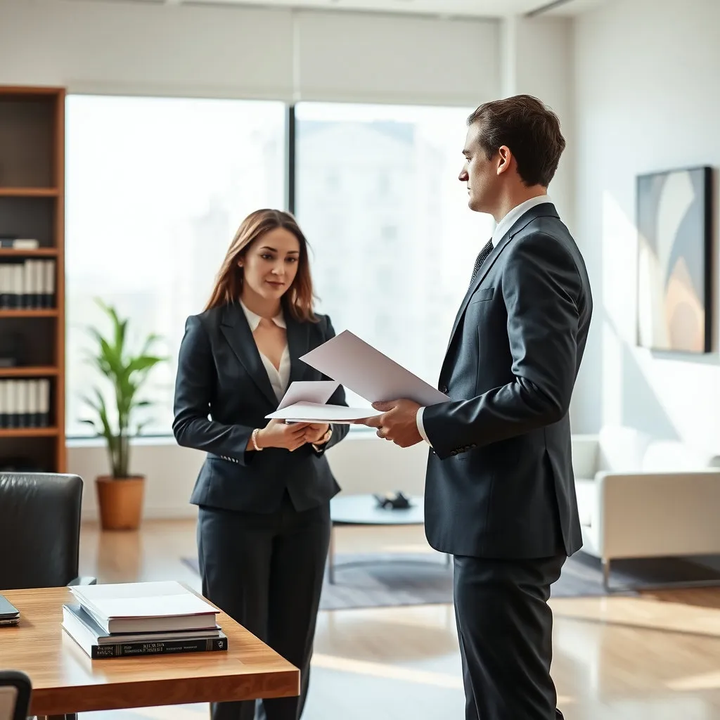 깨끗하고 현대적인 로펌 사무실 배경에 깔끔한 정장 차림의 로펌비서가 변호사와 함께 서류를 검토하거나, 변호사에게 중요한 서류를 전달하는 모습. 전문적이고 신뢰감을 주는 분위기로 연출합니다.