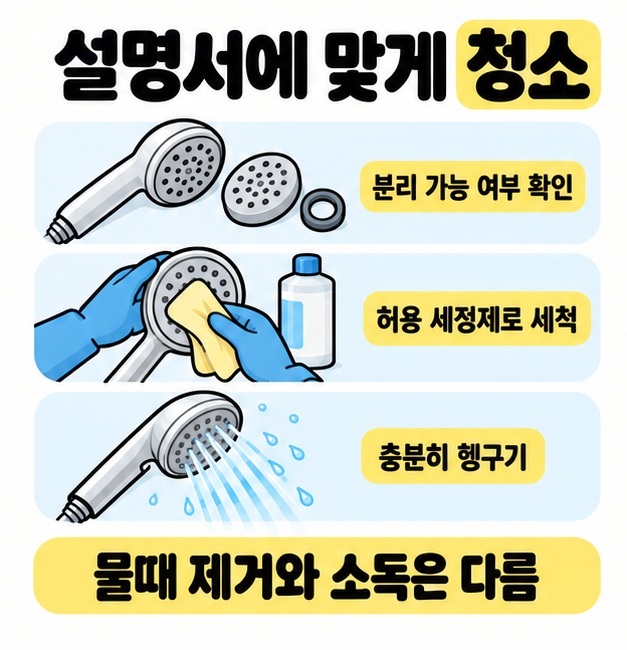 분리 가능 여부 확인, 허용 세정제로 세척, 충분히 헹구기의 세 과정을 보여주고 물때 제거와 소독은 다르다고 안내한다.