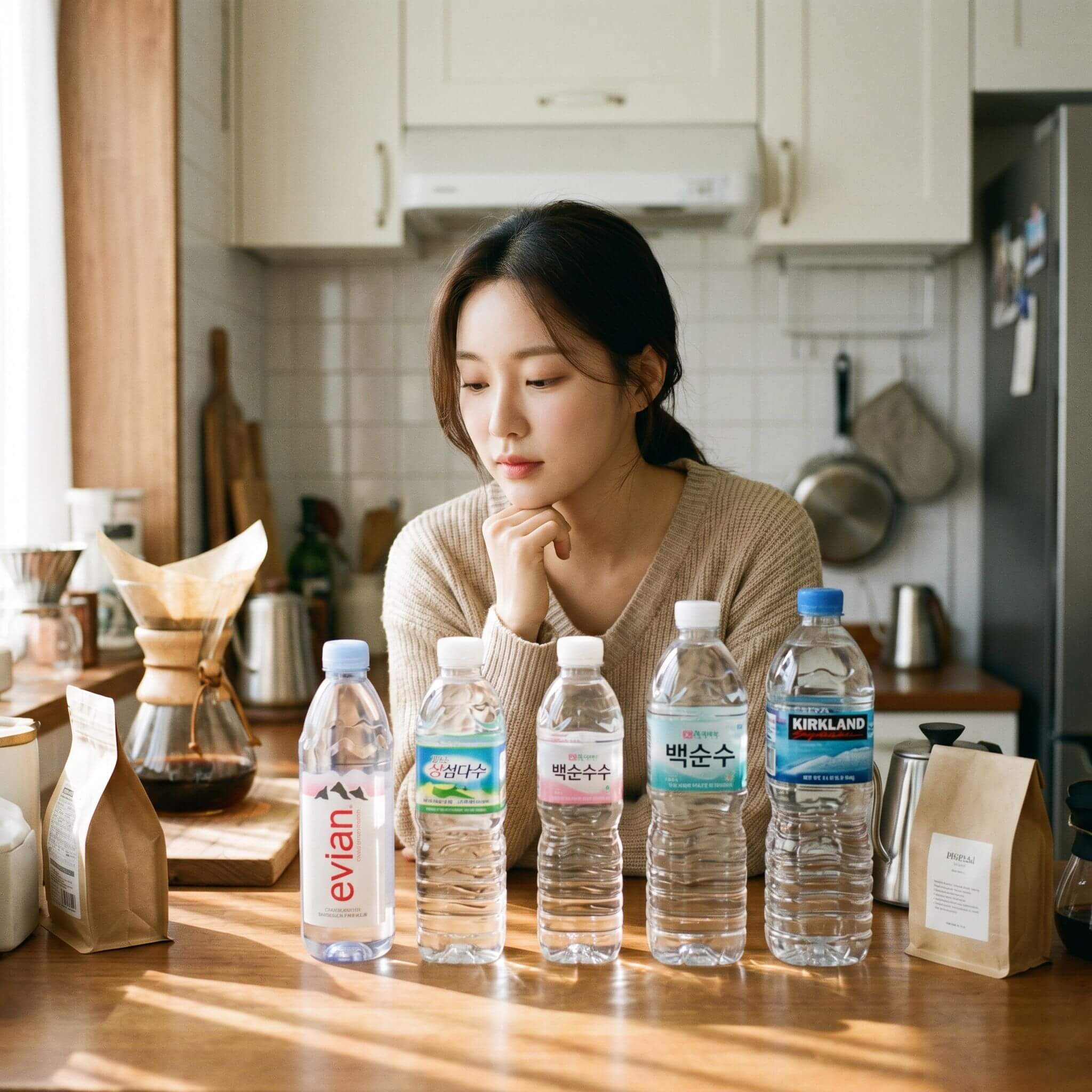 커피에 쓸 물을 고르고있는 여자