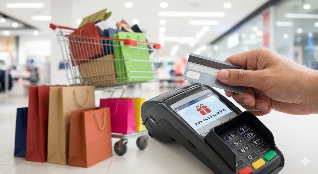 가득-찬-쇼핑카트와-쇼핑백들을-배경으로-계산대에서-신용카드를-내밀며-단말기에-포인트-적립-화면이-뜨는-모습을-담아-보상-심리가-어떻게-과소비를-부추기는지-보여주는-이미지