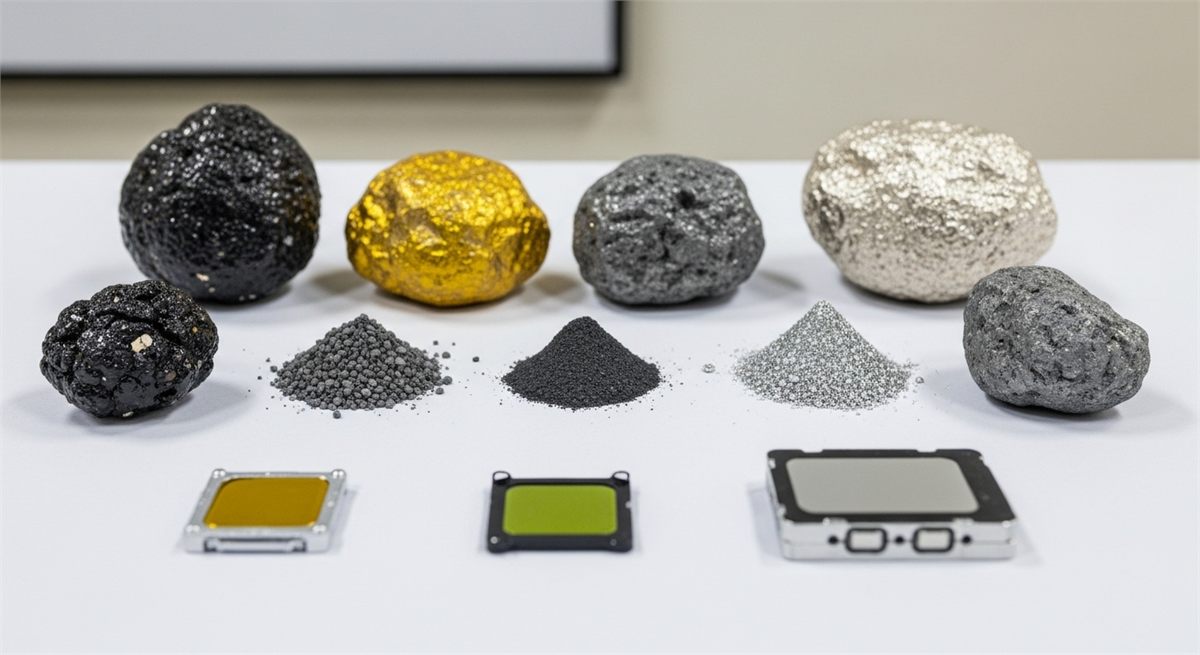  배터리 소재 샘플과 셀 프로토타입을 함께 놓은 정물 장면