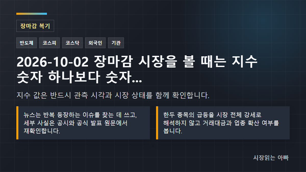 2026-10-02 장마감 시장을 볼 때는 지수 숫자 하나보다 숫자가 확인된 시각과 뉴스의 성격을 함께 봐야 합니다. 이번 기록은 2026-10-02T16:40:01.986998+09:00에 수집한 네이버 증권 관측값과 네이버 뉴스 검색 신호를 구분해 정리했습니다. 뉴스 제목은 관심 이슈를 찾는 단서로만 사용했고, 제목만으로 기업 실적이나 주가 방향을 단정하지 않았습니다.: 지수 값은 반드시 관측 시각과 시장 상태를 함께 확인합니다.