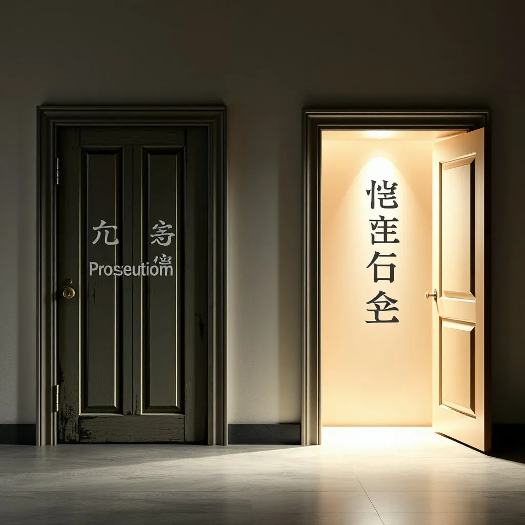 고전적인 디자인의 낡은 문이 서서히 닫히고, 그 옆에는 현대적이고 개방적인 디자인의 새로운 문이 환하게 열려 있는 모습입니다. 낡은 문에는 '검찰'이라는 단어가, 새로운 문에는 '공소'와 '수사'라는 단어가 새겨져 있어 변화의 의미를 명확히 합니다.