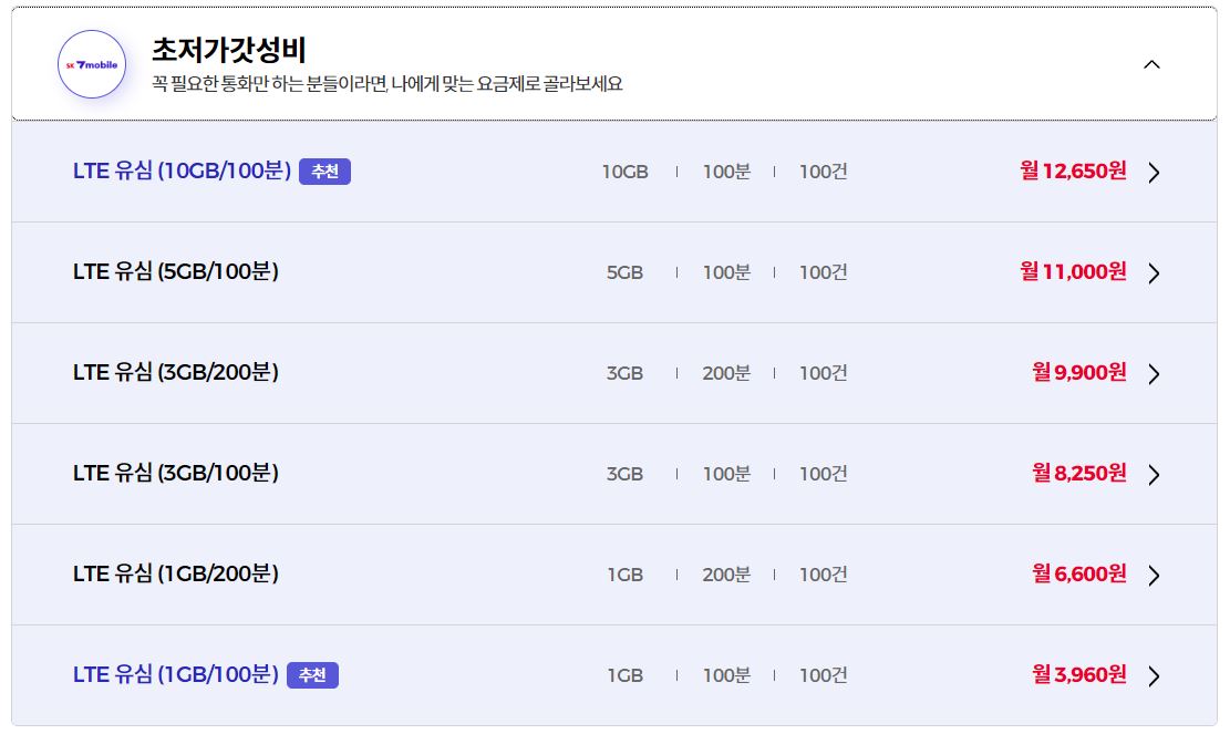 sk 7모바일 초저가갓성비 요금제