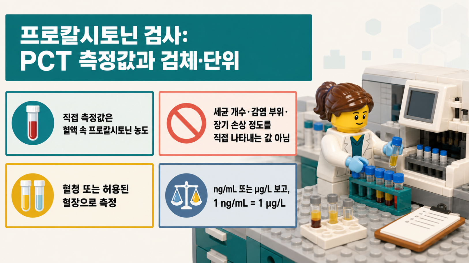 프로칼시토닌(PCT) 검사의 직접 측정값, 혈청·혈장 검체, 결과 단위(ng/mL·μg/L)와 검체 비교 기준을 설명하는 레고 스타일 메디컬 인포그래픽