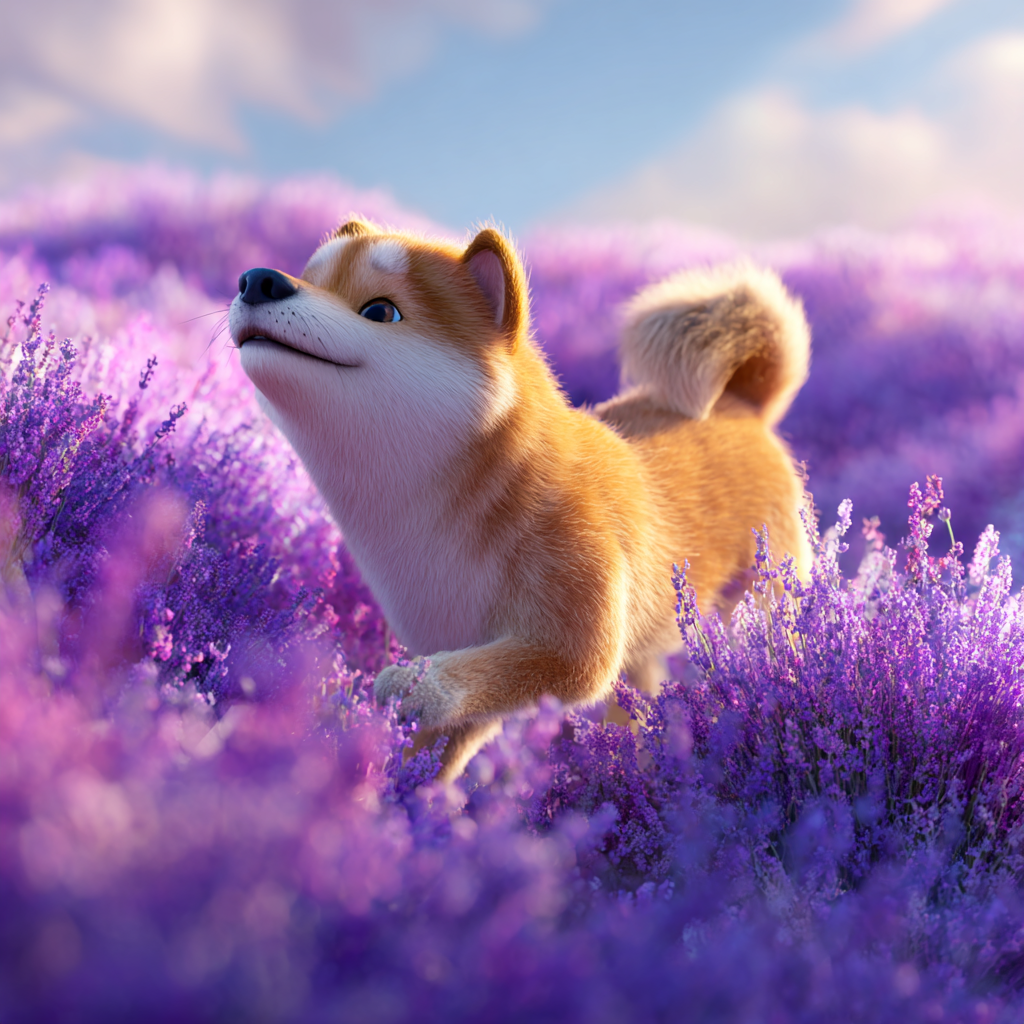 라벤더밭을 뛰어노는 강아지 일러스트