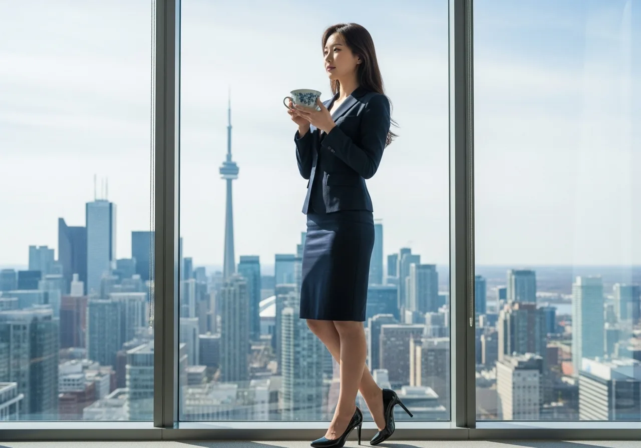 토론토의 시내가 보이는 오피스 창가에 선 젊은 한국인 여성이, 한국 전통 찻잔을 들고 도시를 내려다보고 있다