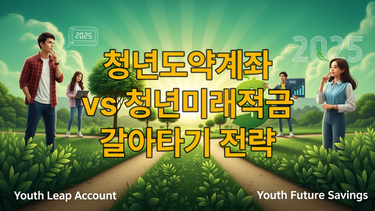 청년도약계좌와 청년미래적금 중 어떤 금융 상품을 선택할지 고민하는 청년의 모습. 두 가지 길 앞에서 미래를 설계하는 비유적 이미지, 2025년 금융 정책.
