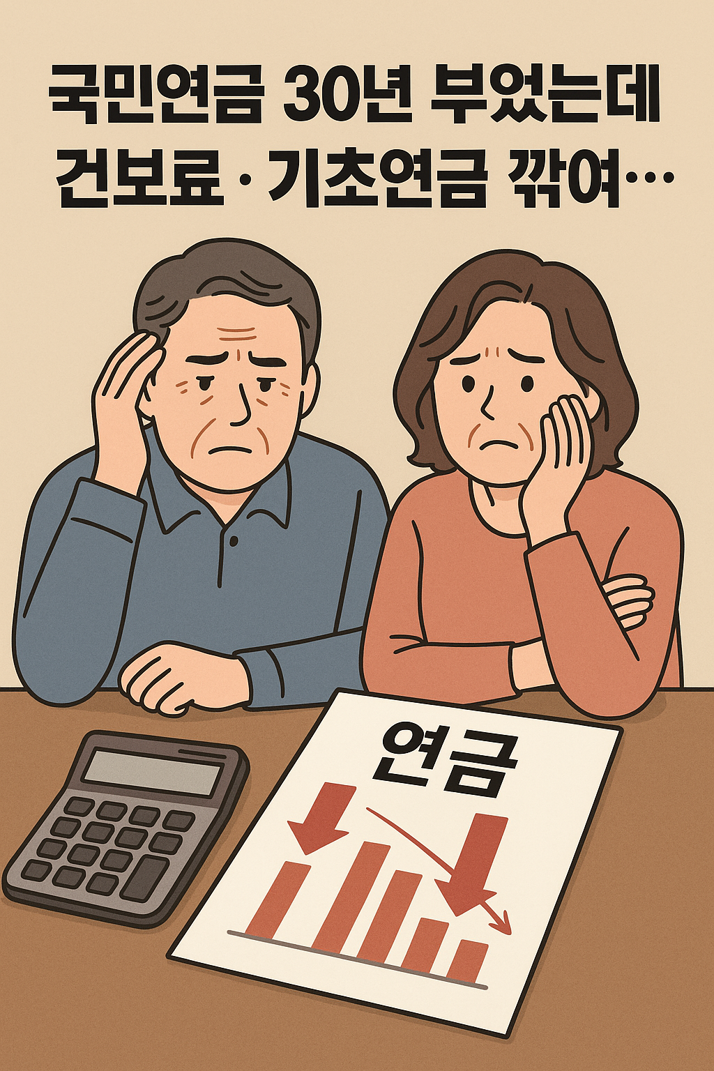 &ldquo;국민연금 30년 납입 후 건보료&middot;기초연금 감액에 고민하는 은퇴 부부를 상징적으로 표현한 썸네일 이미지. 계산기와 연금 문서, 걱정스러운 표정의 중장년 부부가 함께 그려진 그래픽.&rdquo;