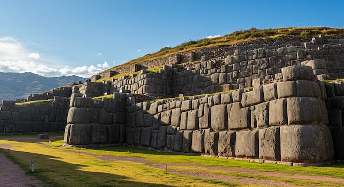 잉카의 미스테리한 건축물인 삭사이와만의 전경 모습으로
푸른 하늘을 배경으로 거대한 돌로 건축되어 있는 이미지.