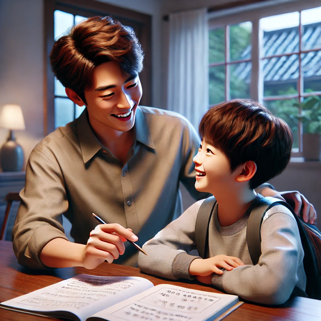 부모가 주방 테이블에서 숙제 실수에 대해 아이를 격려하며 해결 방법을 함께 고민하는 장면. 부모의 미소와 따뜻한 말이 아이에게 자신감을 심어줌
