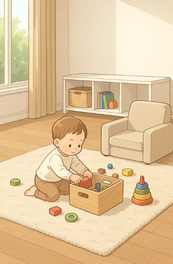 놀이매트 없이 러그 위에서 놀이하는 2세 아기의 모습