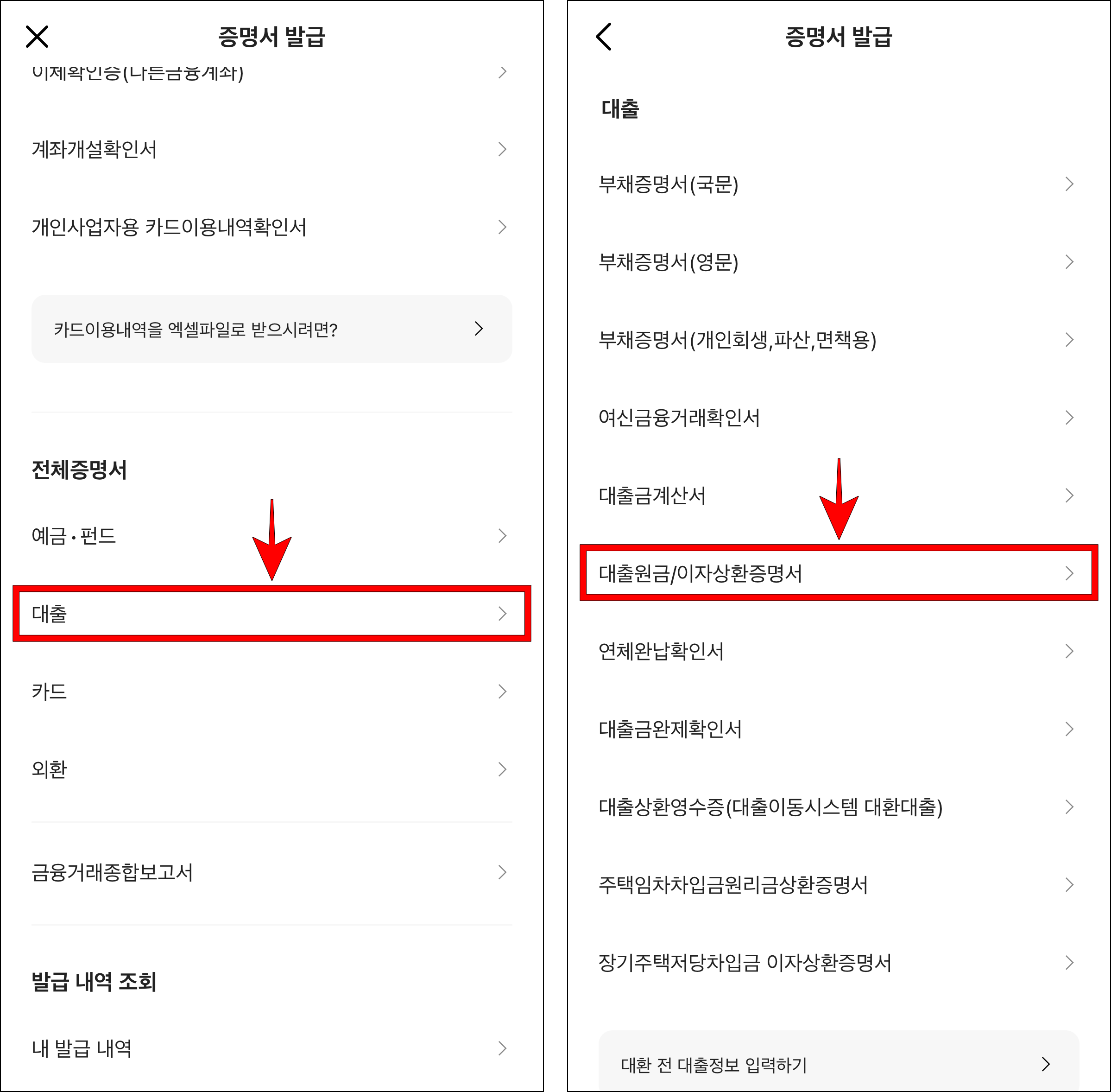 증명서 발급 메뉴에서 '대출'을 선택하고, 발급할 증명서로 '대출원금/이자상환증명서'를 선택