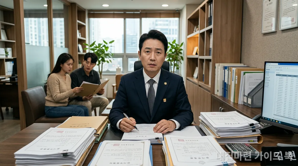 복잡한 서류를 보며 난감해하는 한국 공인중개사의 모습