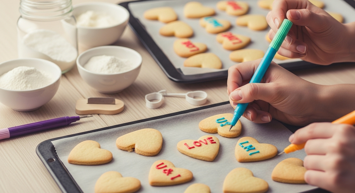 하트 모양 수제 쿠키에 데코펜으로 정성껏 그림을 그리는 손. 옆에는 다양한 베이킹 재료와 도구들이 놓여 있습니다.