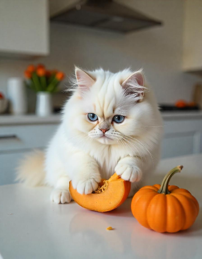 맛있는 단호박을 잡고 있는 하얀 고양이