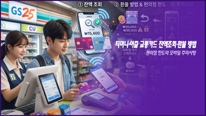 티머니&middot;이즐 교통카드 잔액조회&middot;환불 방법｜편의점 한도와 모바일 주의사항