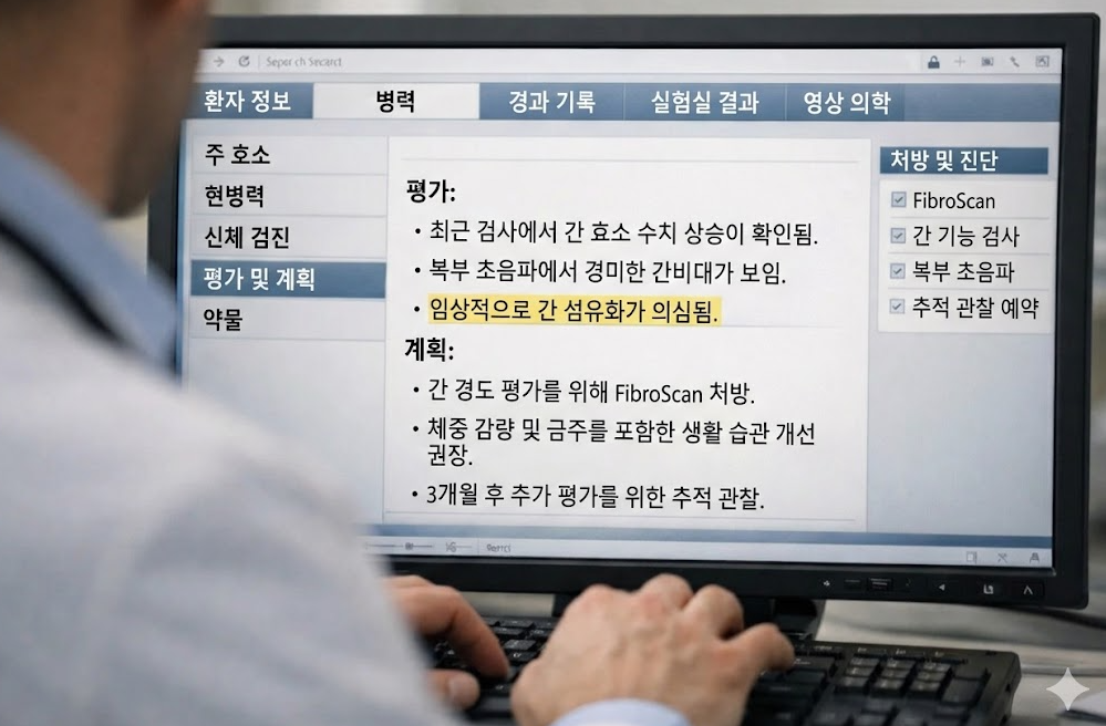 간 섬유화 의심 소견과 FibroScan 처방이 기록된 진료 차트 화면 의료 필요성 설명 이미지