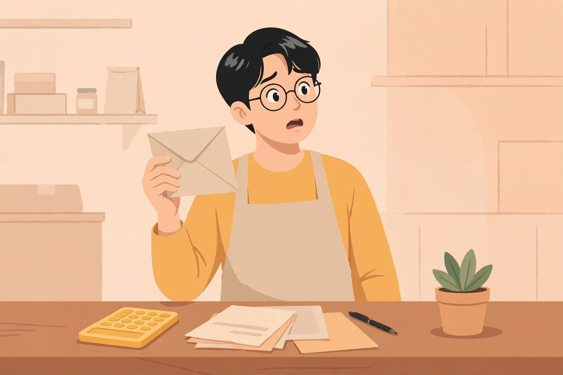 부가세 예정고지서를 보고 놀라는 자영업자 일러스트