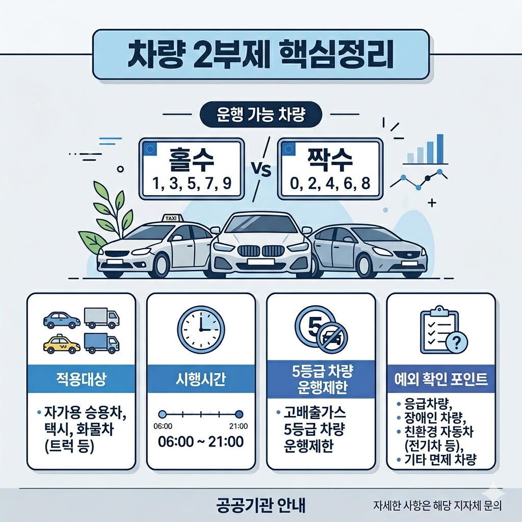 차량 2부제 뜻, 적용 대상, 5등급 운행제한, 예외 확인법 인포그래픽