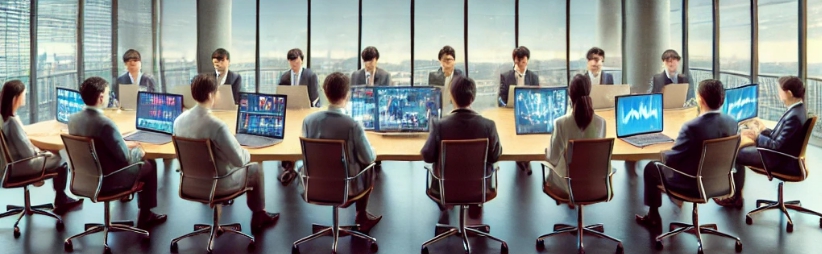 사람들이 회의장에 모여 의논을 하고 있는 모습