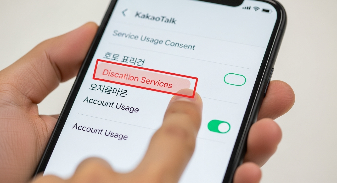 카카오톡 앱 설정에서 '서비스 이용 동의' 메뉴를 손가락으로 가리키며 위치 정보 제공을 해제하는 과정을 보여주는 스마트폰 화면.