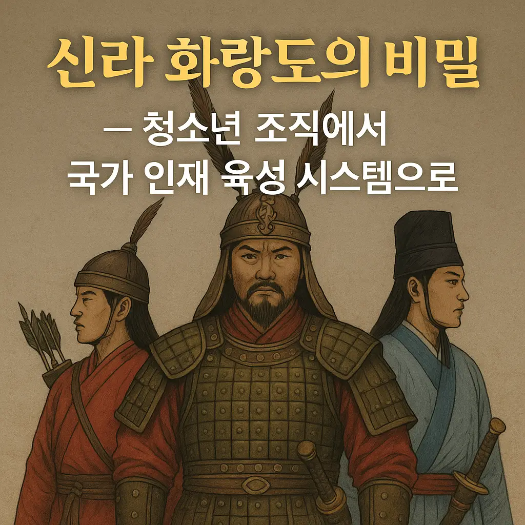 신라 화랑도의 비밀을 주제로 한 썸네일 – 전통 갑옷을 입은 세 명의 화랑 일러스트