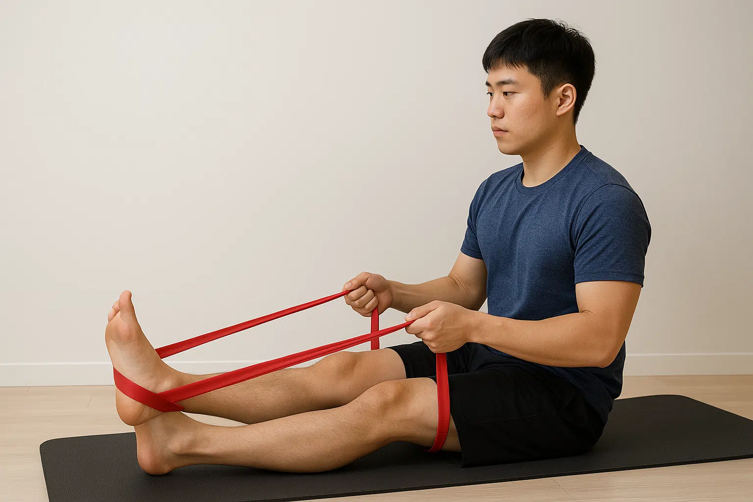 Thera-band 밴드를 발목에 걸고 내·외전 운동하는 모습