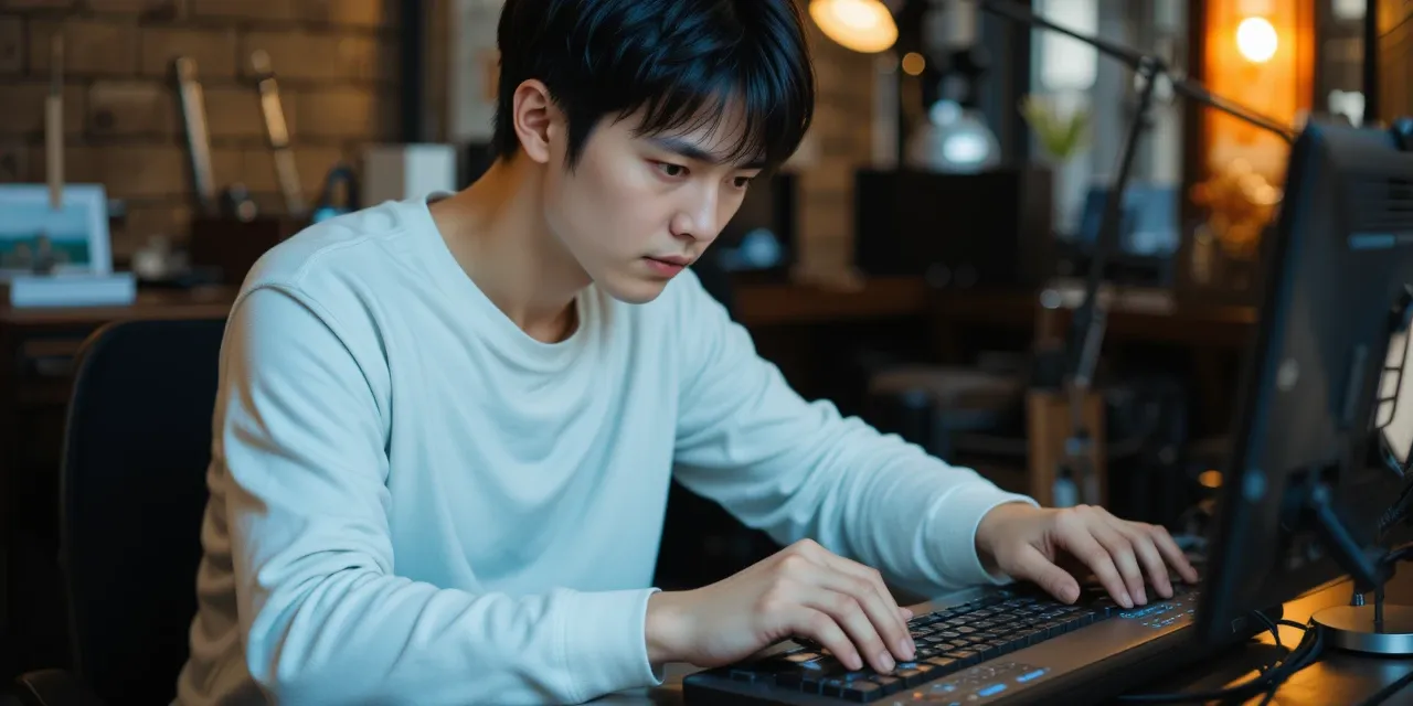 기계식 키보드로 야간 작업에 집중하는 모습