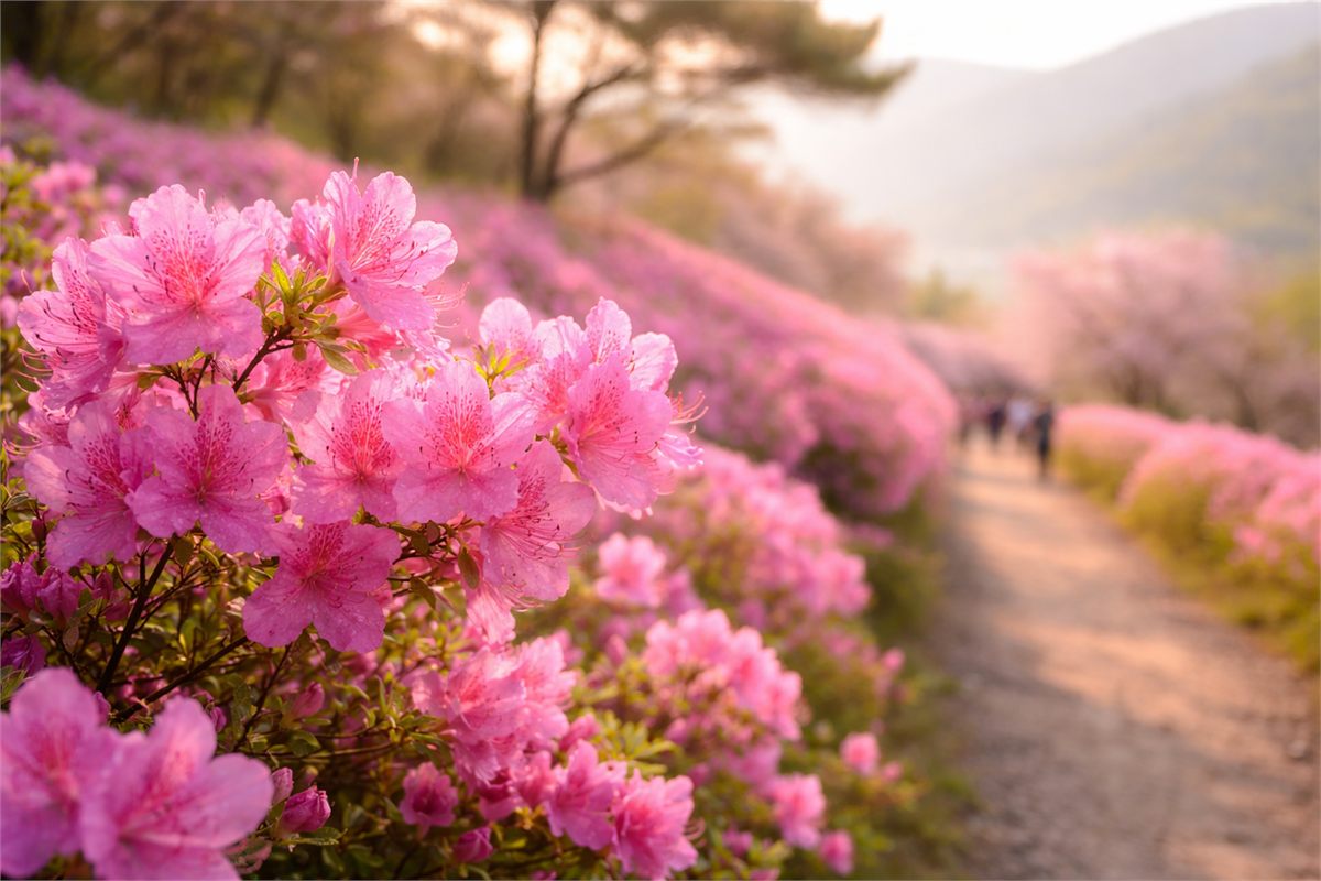 봄 산자락에서 활짝 핀 철쭉 꽃의 선명한 근접 장면