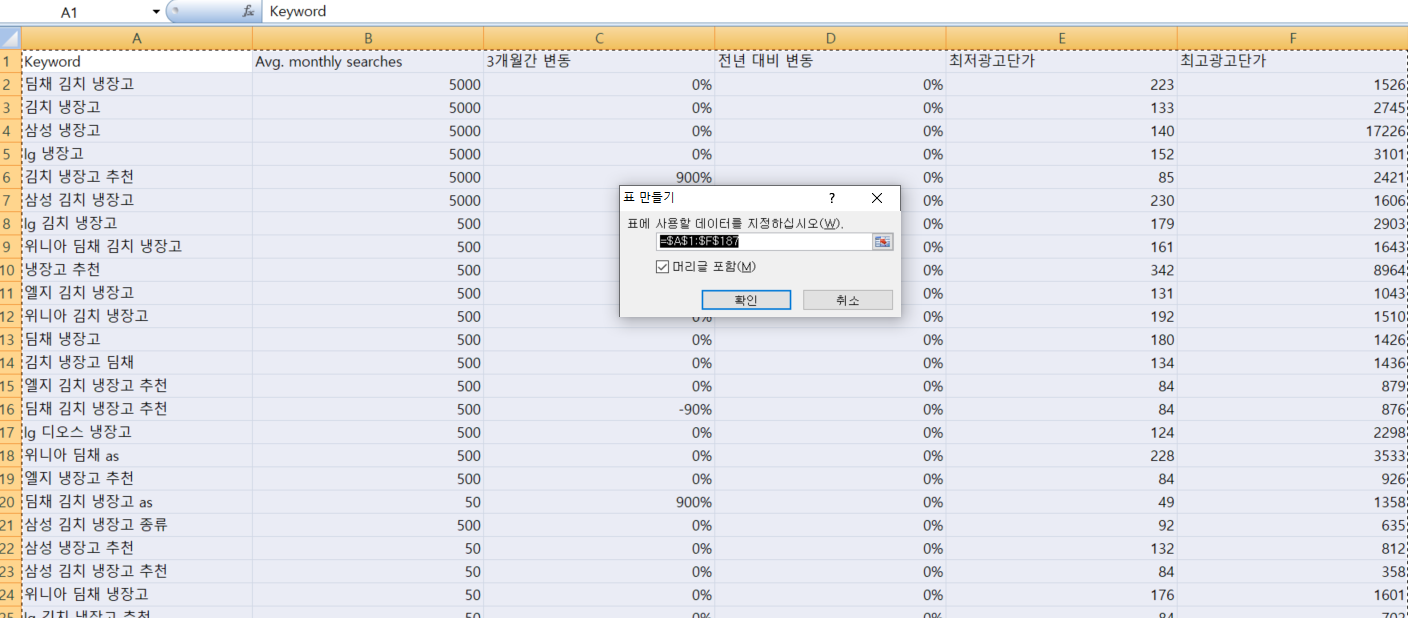 엑셀 전체 선택후 Ctrl+T