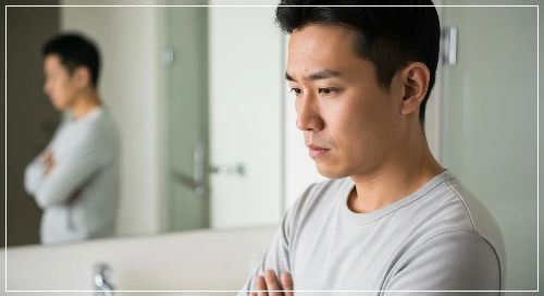 소변 후 화장실 거울을 보면서 고민하고 있는 남성 모습