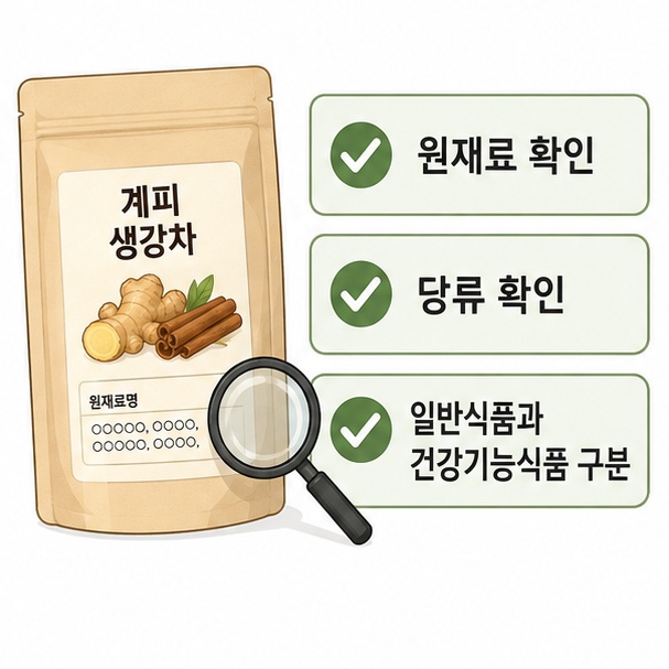 계피 생강차 제품의 원재료, 당류, 일반식품과 건강기능식품 구분을 확인하는 이미지
