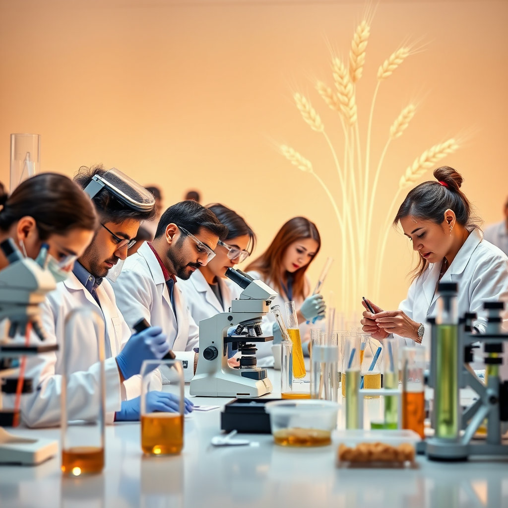 현미경, 시험관 등 연구 도구와 과학자들이 연구하는 모습, 또는 질병 극복을 상징하는 밝은 미래를 나타내는 이미지입니다.