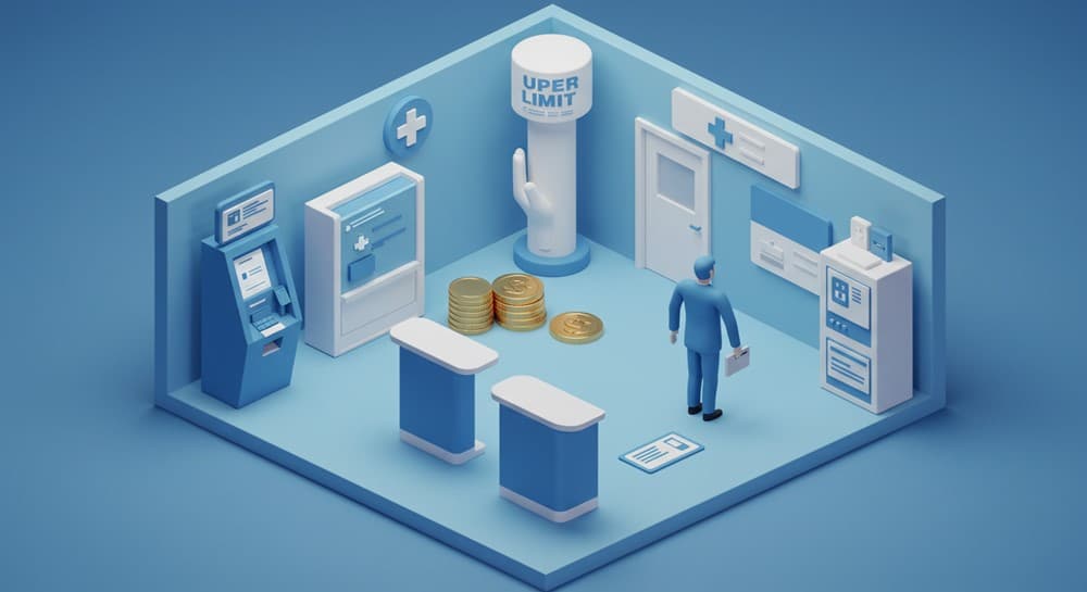 아이소메트릭 병원 리셉션 환경에 의료카드 키오스크, 체크 실드 토템, 동전+손 피규어, 상한 게이지 기둥, 단일이중 줄무늬 배지 마커를 섬세하게 배치