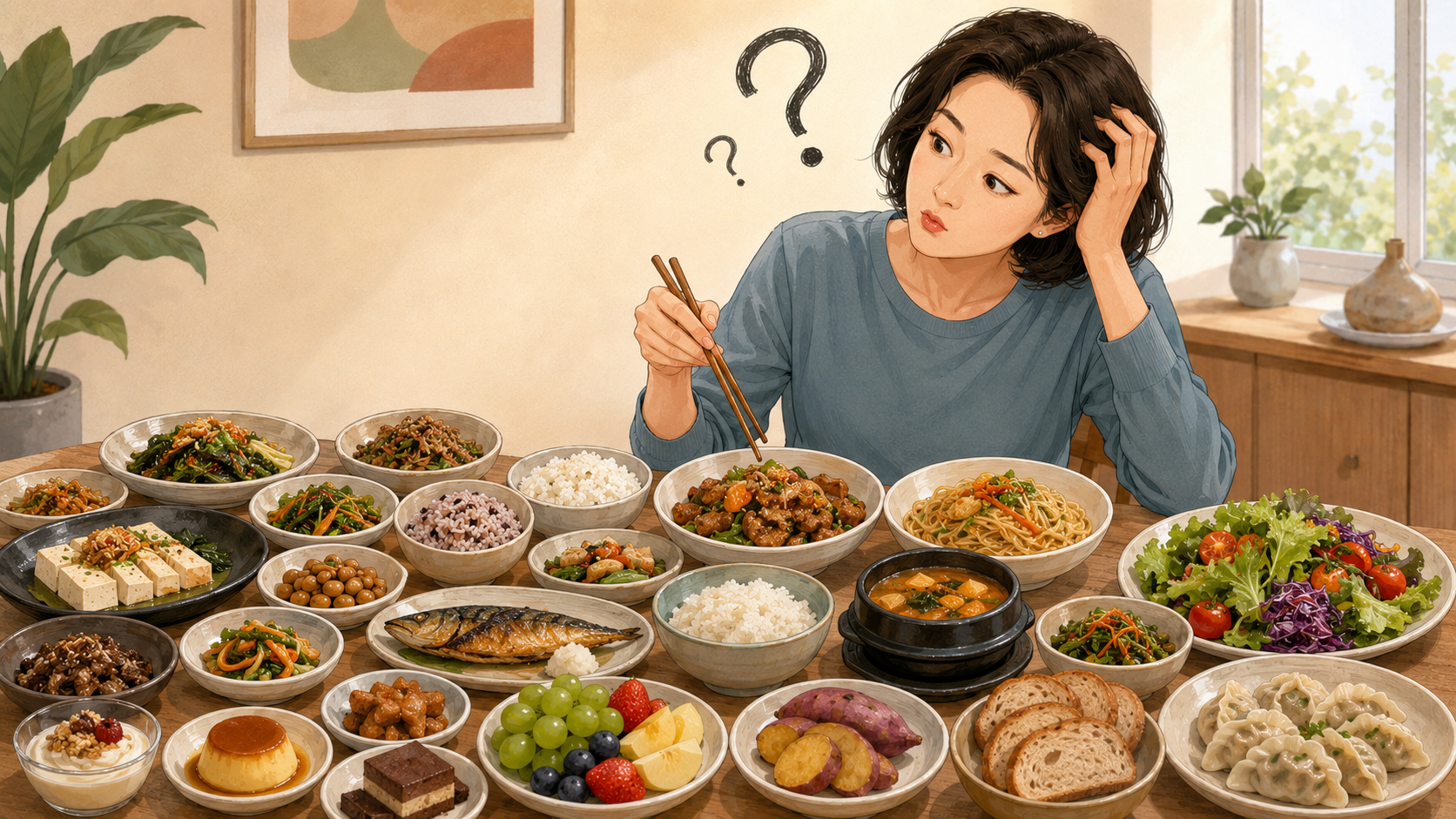 AI 생성 이미지: 차려진 밥상에서 뭘 먹어야하는지 고민하는 인포그래픽