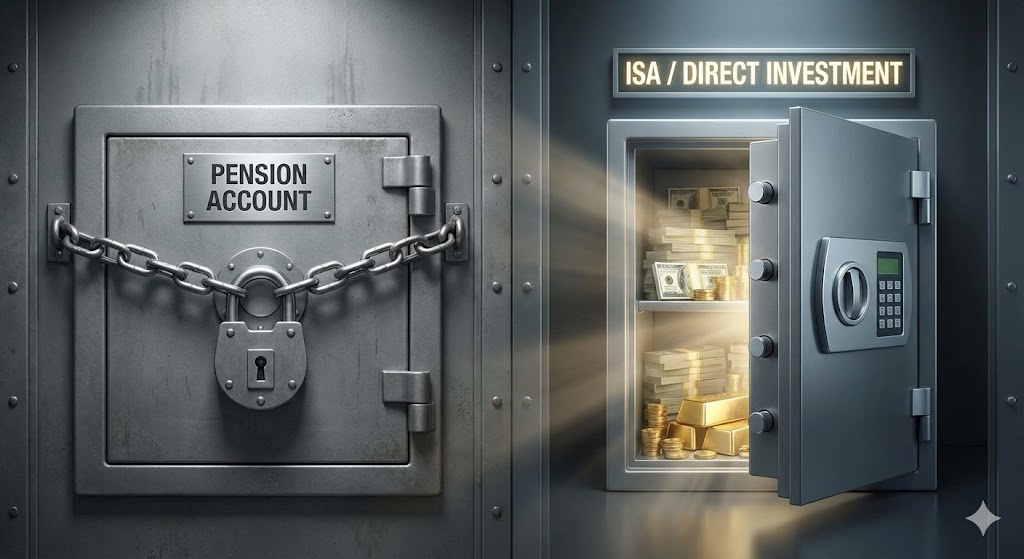 꽉 잠긴 자물쇠(연금계좌)와 열려 있는 금고(미국 직투/ISA)를 비교하며 유동성의 중요성을 강조하는 이미지