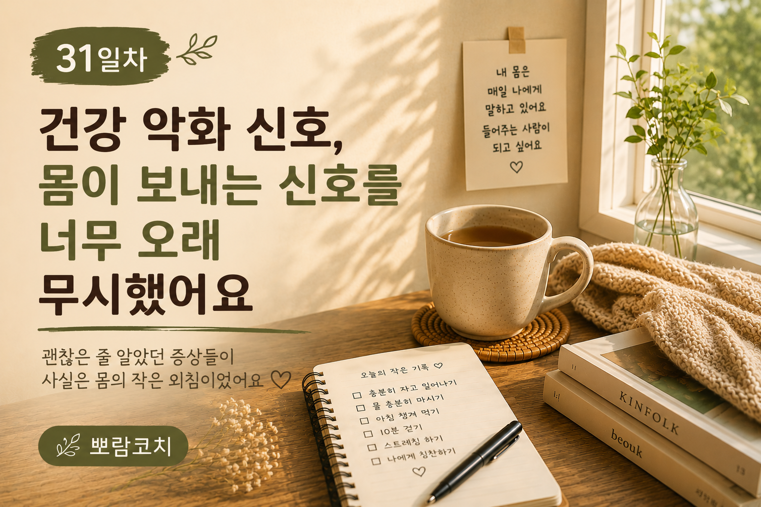따뜻한 햇살 아래 노트와 머그컵이 놓인 공간에서 몸이 보내는 건강 신호를 돌아보는 감성 라이프 이미지