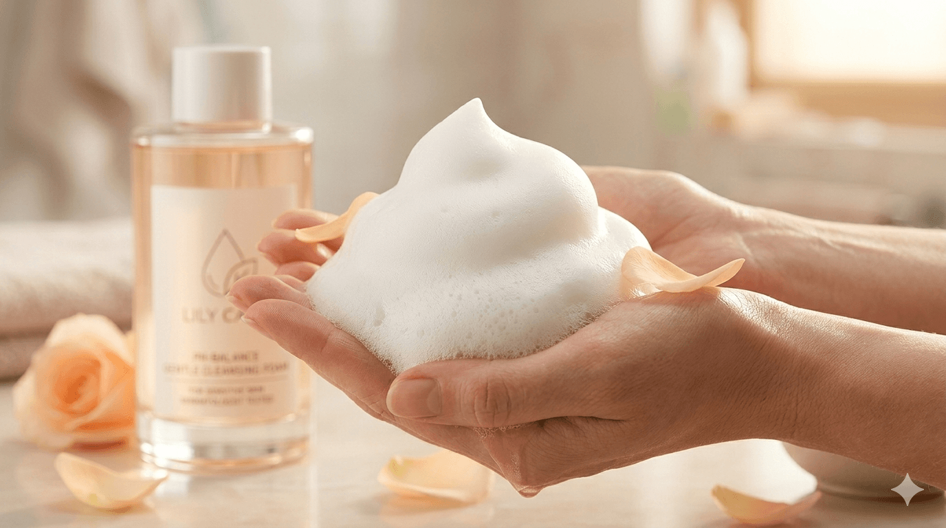 손바닥 위에서 만들어진 조밀하고 부드러운 약산성 세안제 거품