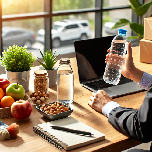 책상 위에 물병을 들고 있는 직장인의 모습