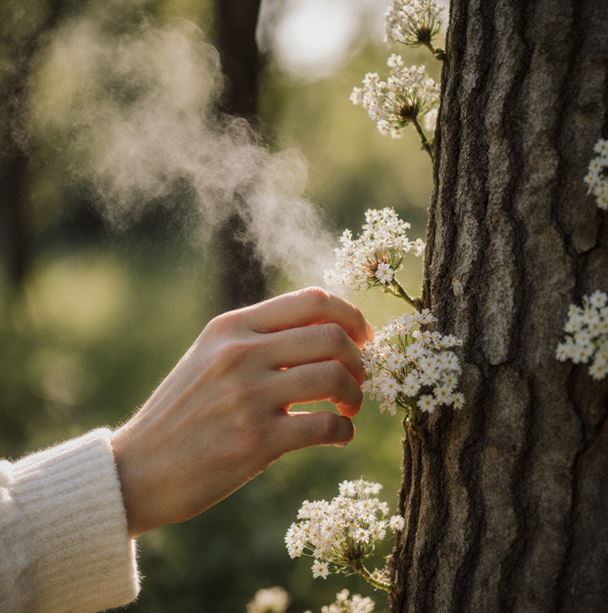나무와 꽃을 손으로 만져보며 자연을 오감으로 느끼는 모습