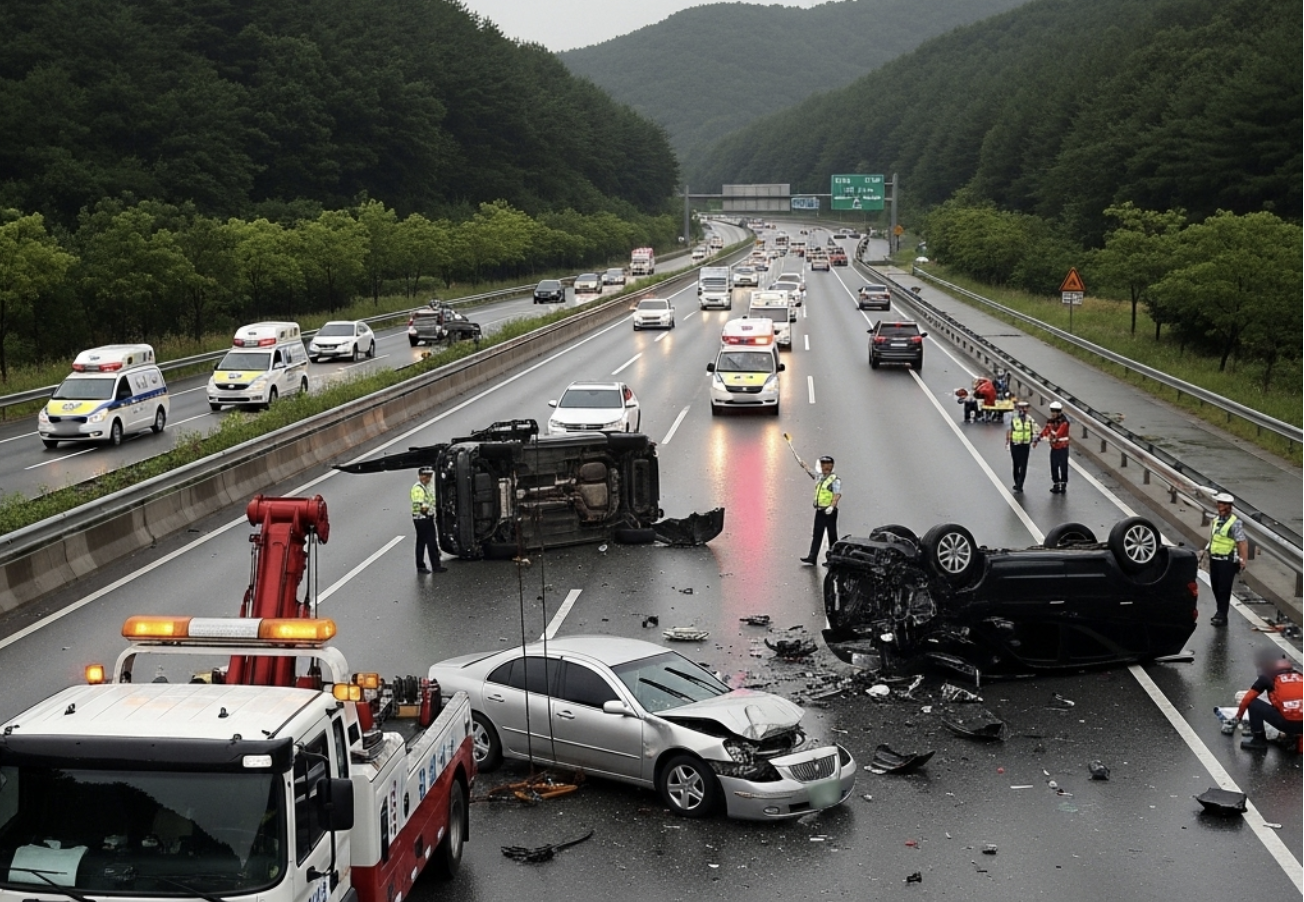 교통사고를 정리하는 경찰의 모습