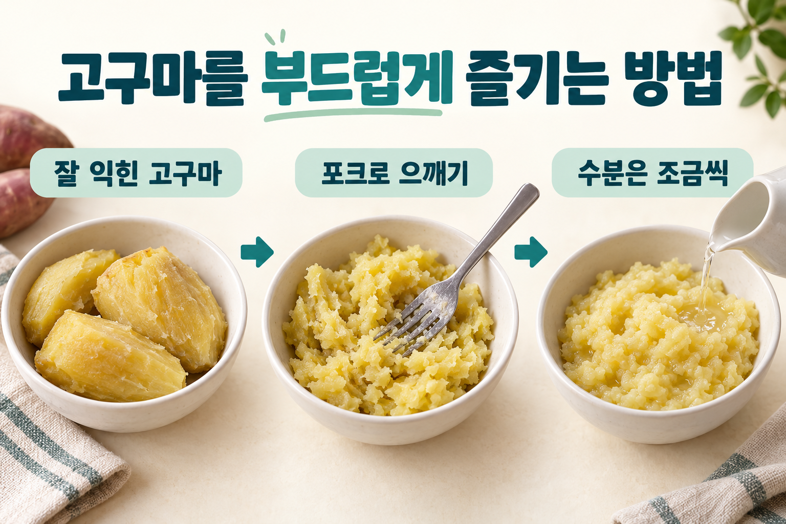 잘 익힌 고구마를 포크로 으깨고 수분을 조금씩 더해 촉촉하게 만드는 조리 순서.