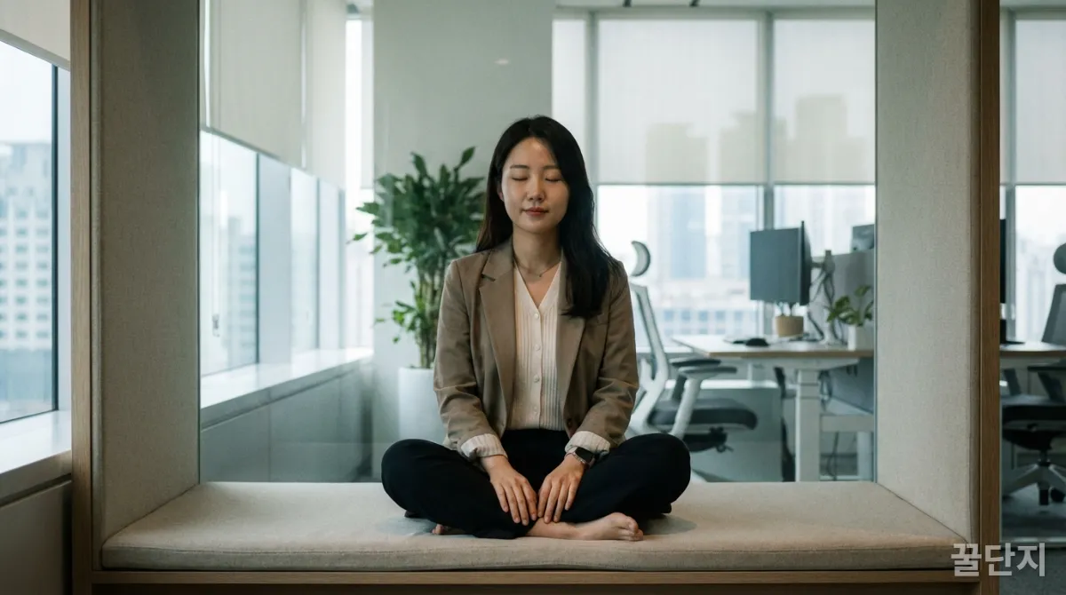 조용한 공간에서 마음챙김 명상을 하는 직장인