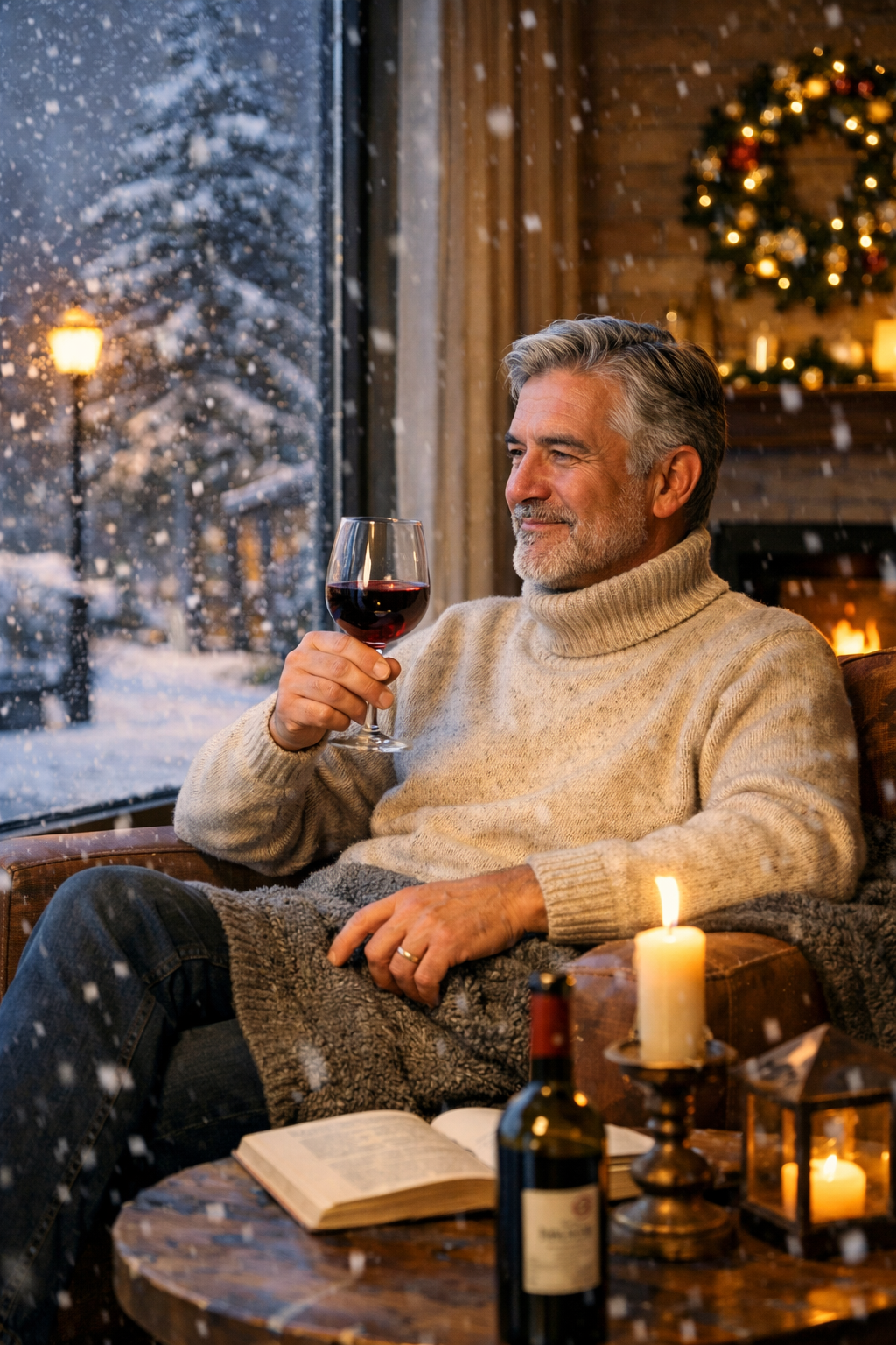 겨울날 거실에서 와인 마시는 사진