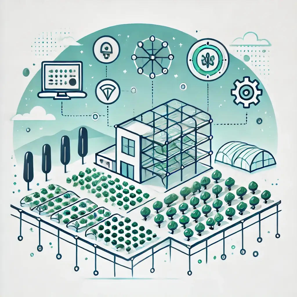 스마트팜에서 수직농장과 디지털 모니터링 도구를 보여주는 깔끔한 일러스트