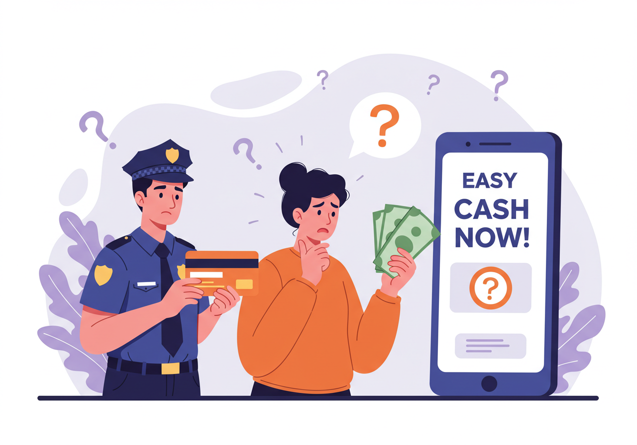 신용카드로 현금화한 뒤 당황한 소비자와 경찰, 스마트폰 광고 속 카드깡 문구를 함께 보여주는 일러스트