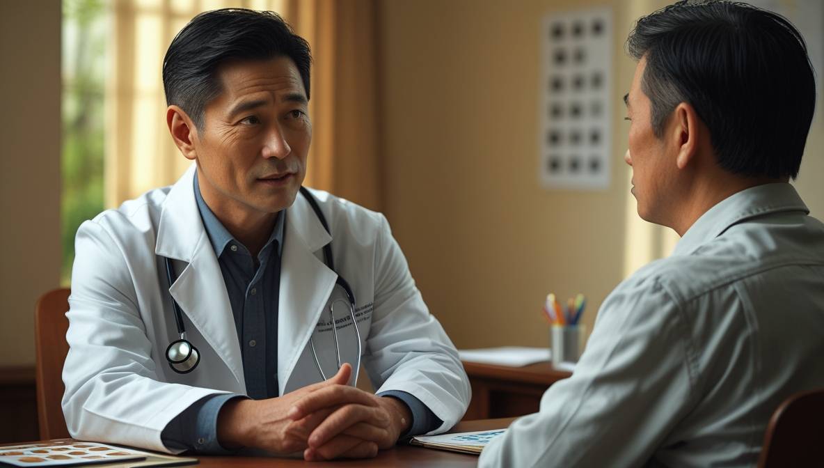 의사와 50대 환자가 마주 앉아 상담하는 모습. 환자는 약간의 우려와 함께 설명을 경청하는 표정, 의사는 친절하고 전문적인 태도로 설명하는 모습