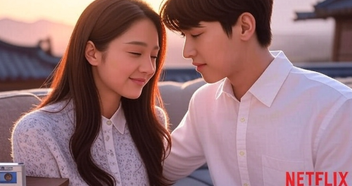 시간과 사랑을 넘나들 듯 남,녀 주인공이 옛 과거의 장소에서 현 시대 복장을 입고 로맨스 장면을 연기하고 있는 모습
